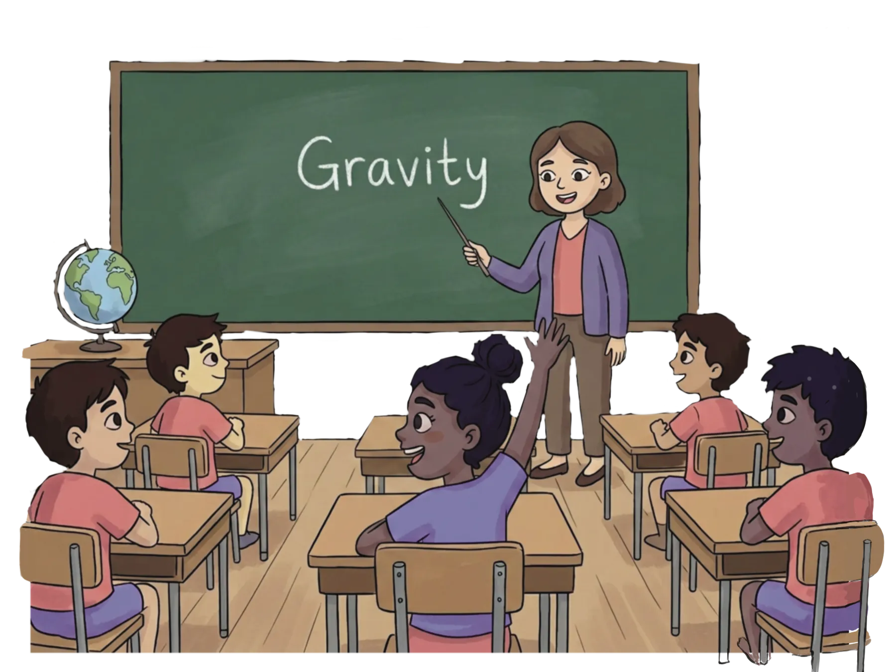 Kid raising hand in classroom correcting teacher about gravity