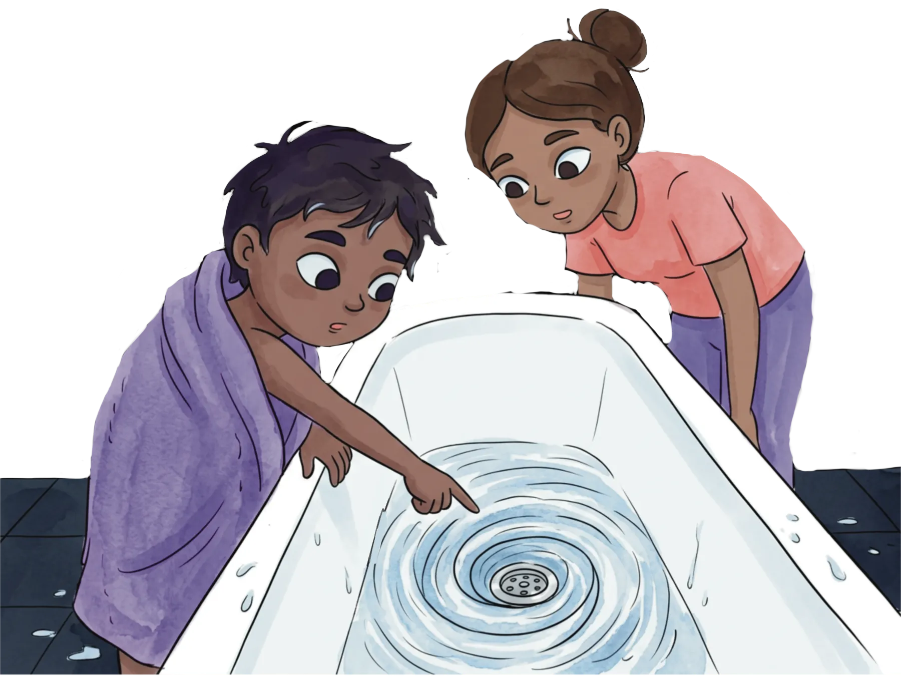 Kid pointing at water spiraling down bathtub drain