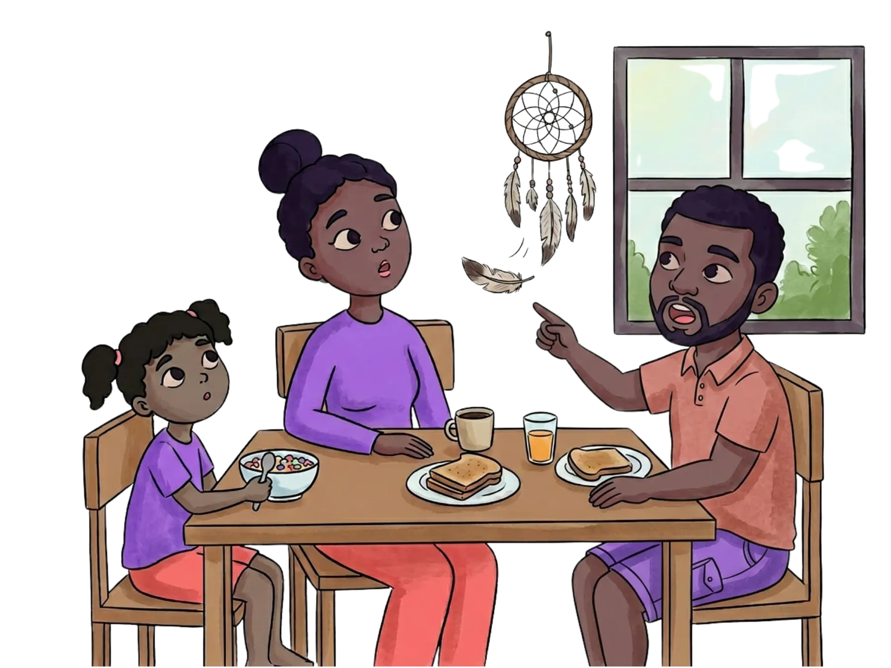 Family at dinner table discussing feathers and gravity