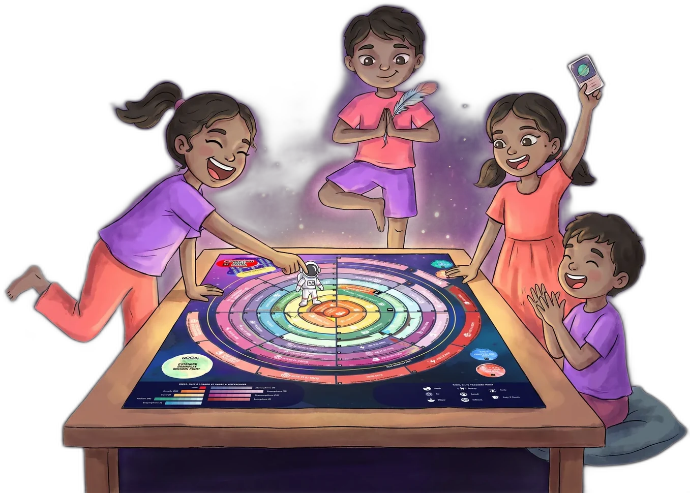 Kids playing the EscapeGravity spiral board game, one of them balancing on one leg