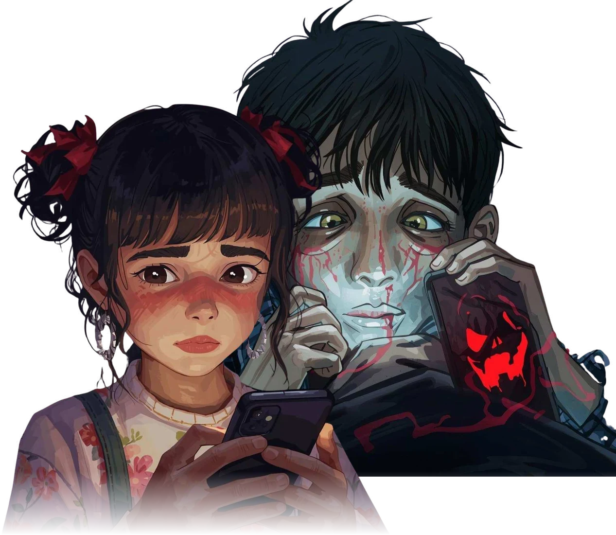 Two children lit by phone screens