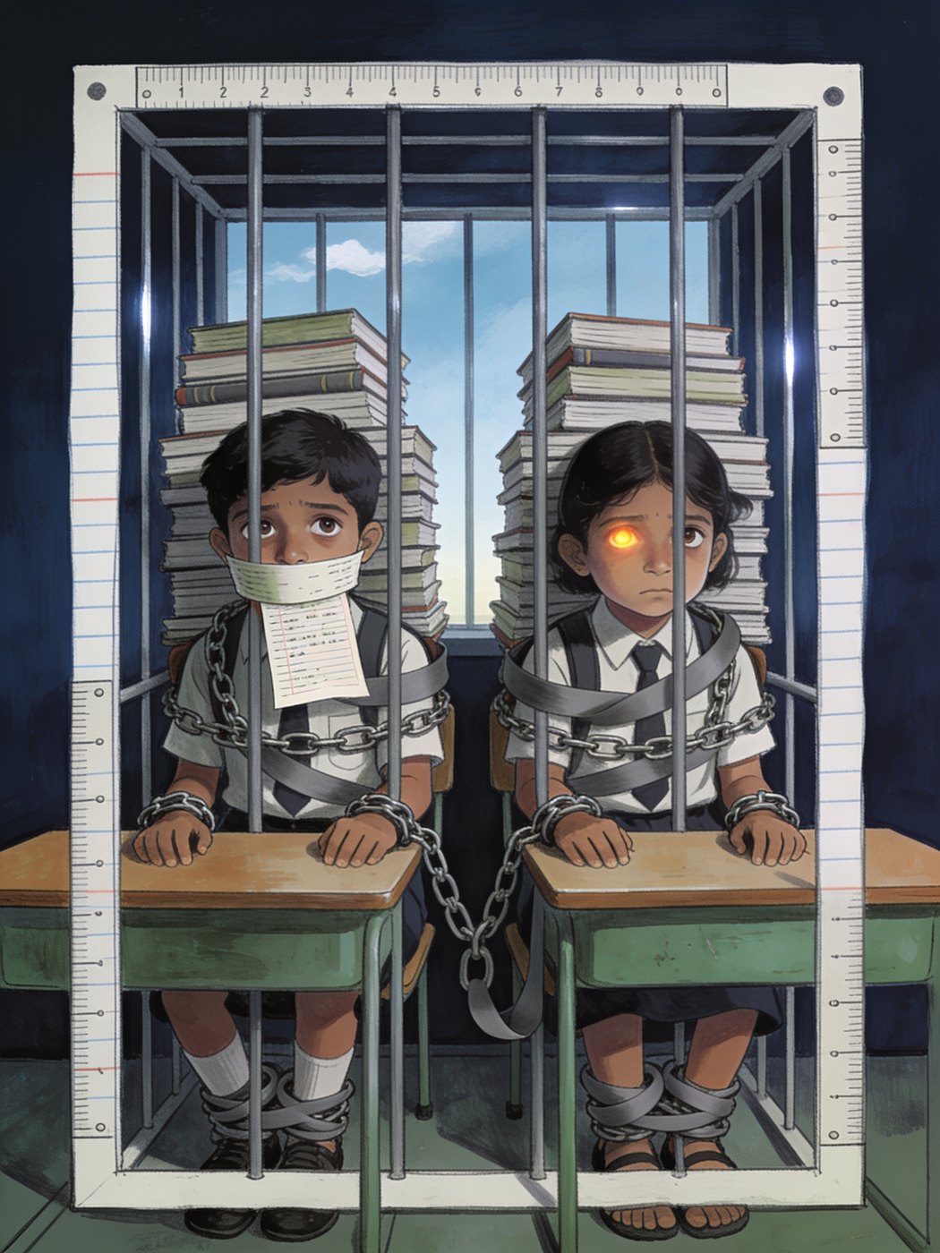 Two schoolchildren chained to their desks inside a cage of rulers, buried under textbooks