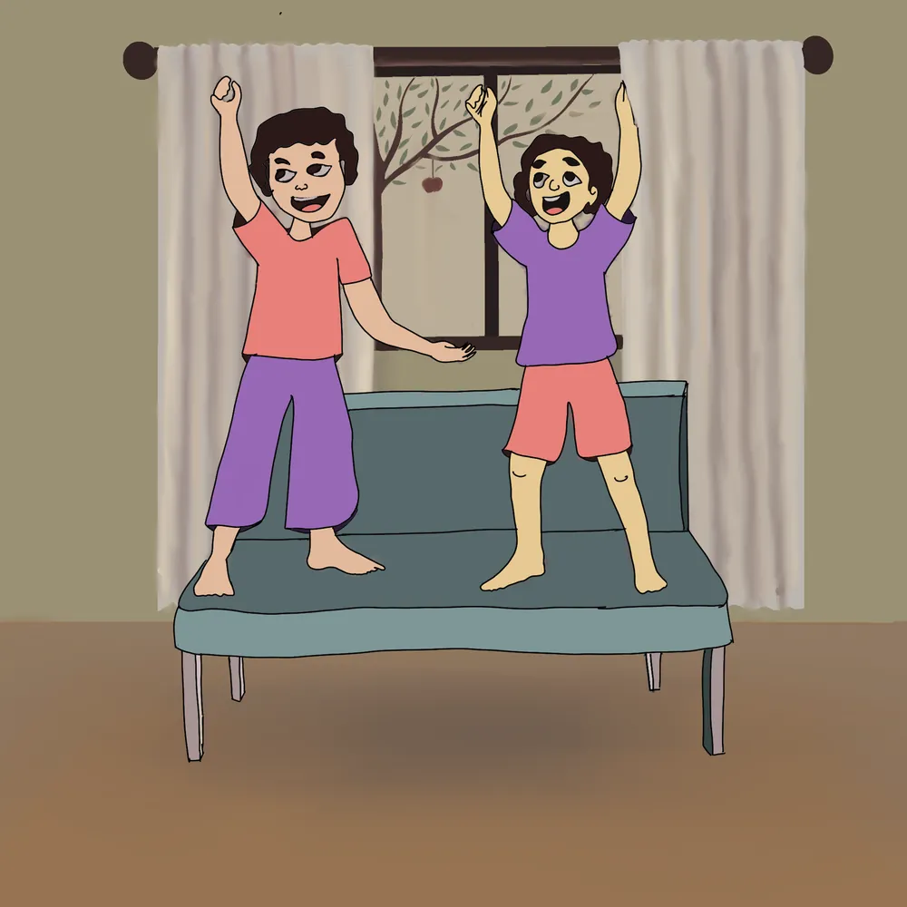The same two children after letting go, watching which object reaches the floor first