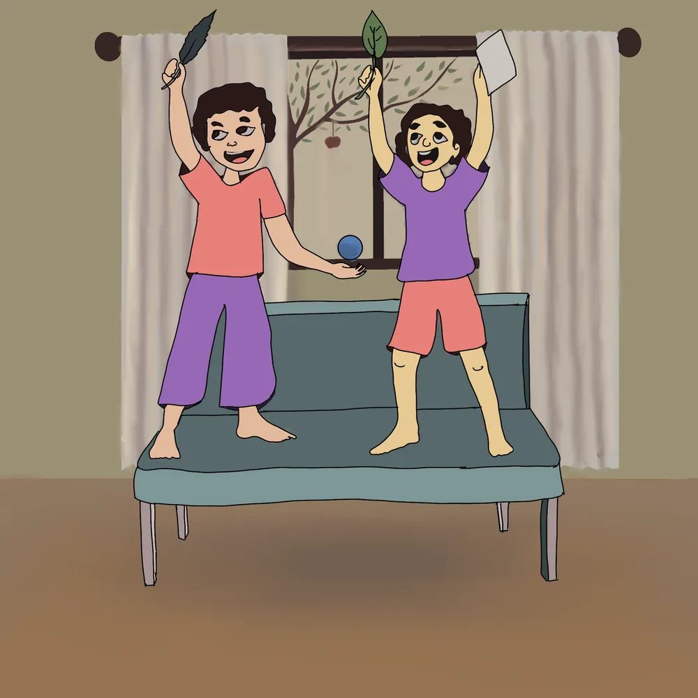 Two children holding a ball, a feather, a leaf and paper, about to drop them together