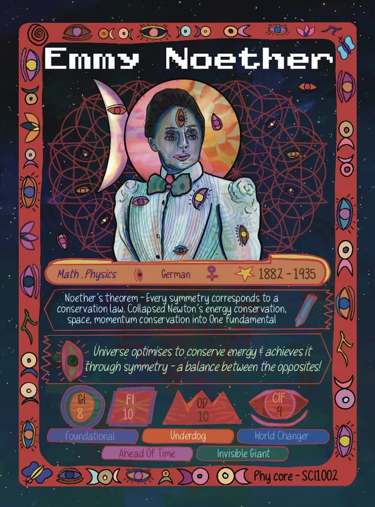 Emmy Noether scientist trading card, front — hand-drawn portrait of the mathematician behind symmetry and conservation laws