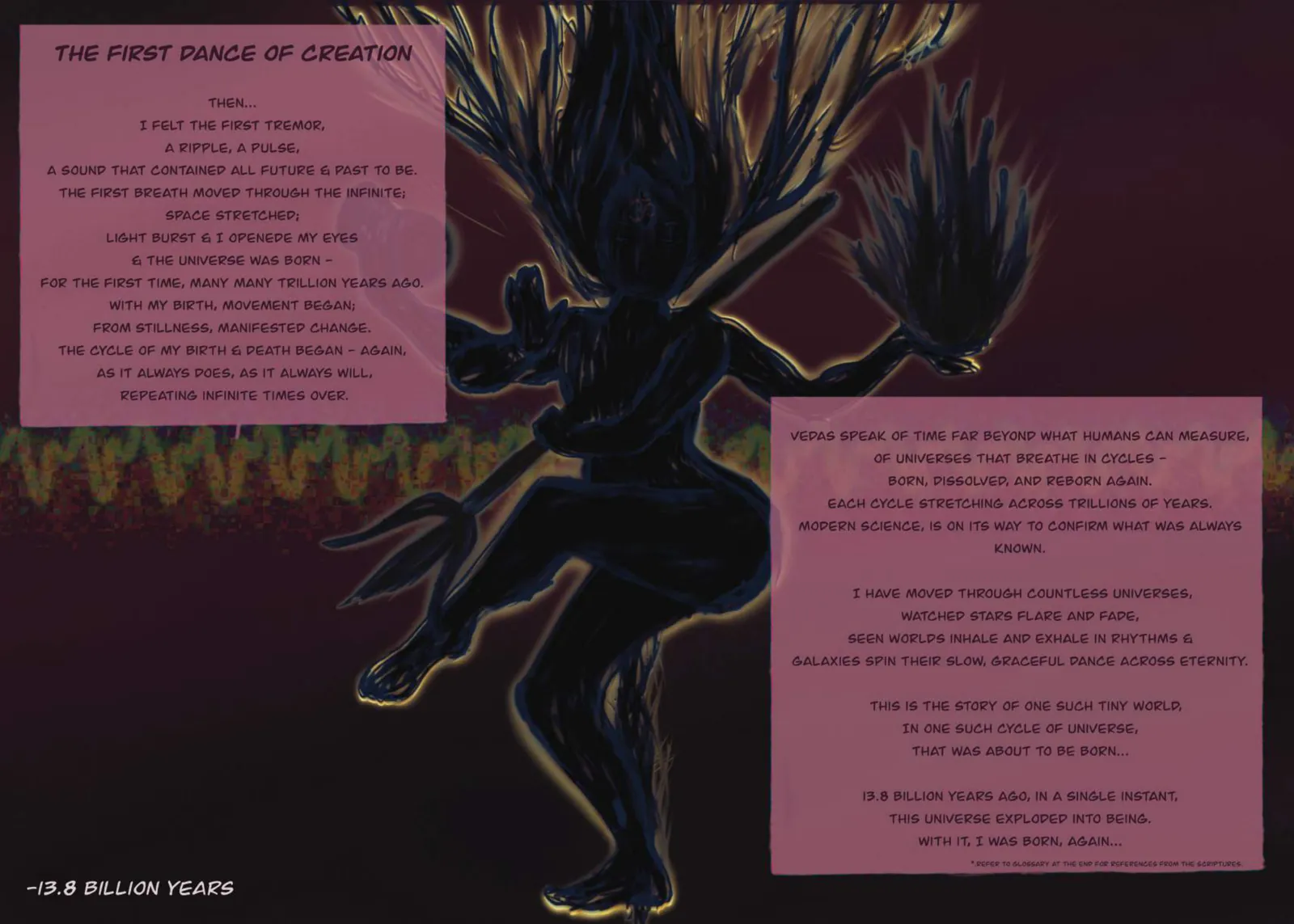 The First Dance Of Creation — a hand-painted spread from The Story Of Evolution Of Life