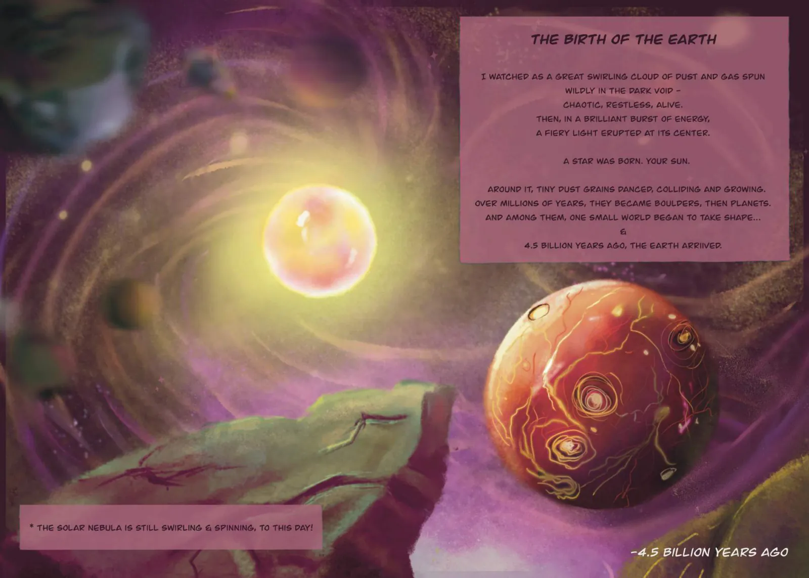 The Birth Of The Earth — a hand-painted spread from The Story Of Evolution Of Life