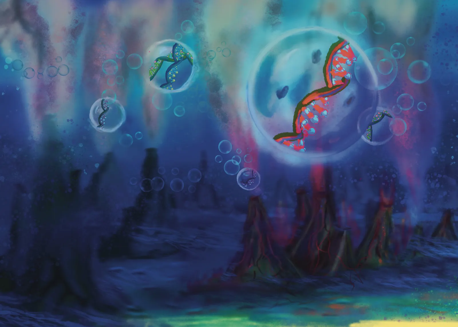 Gene, Memory And Life — a hand-painted spread from The Story Of Evolution Of Life