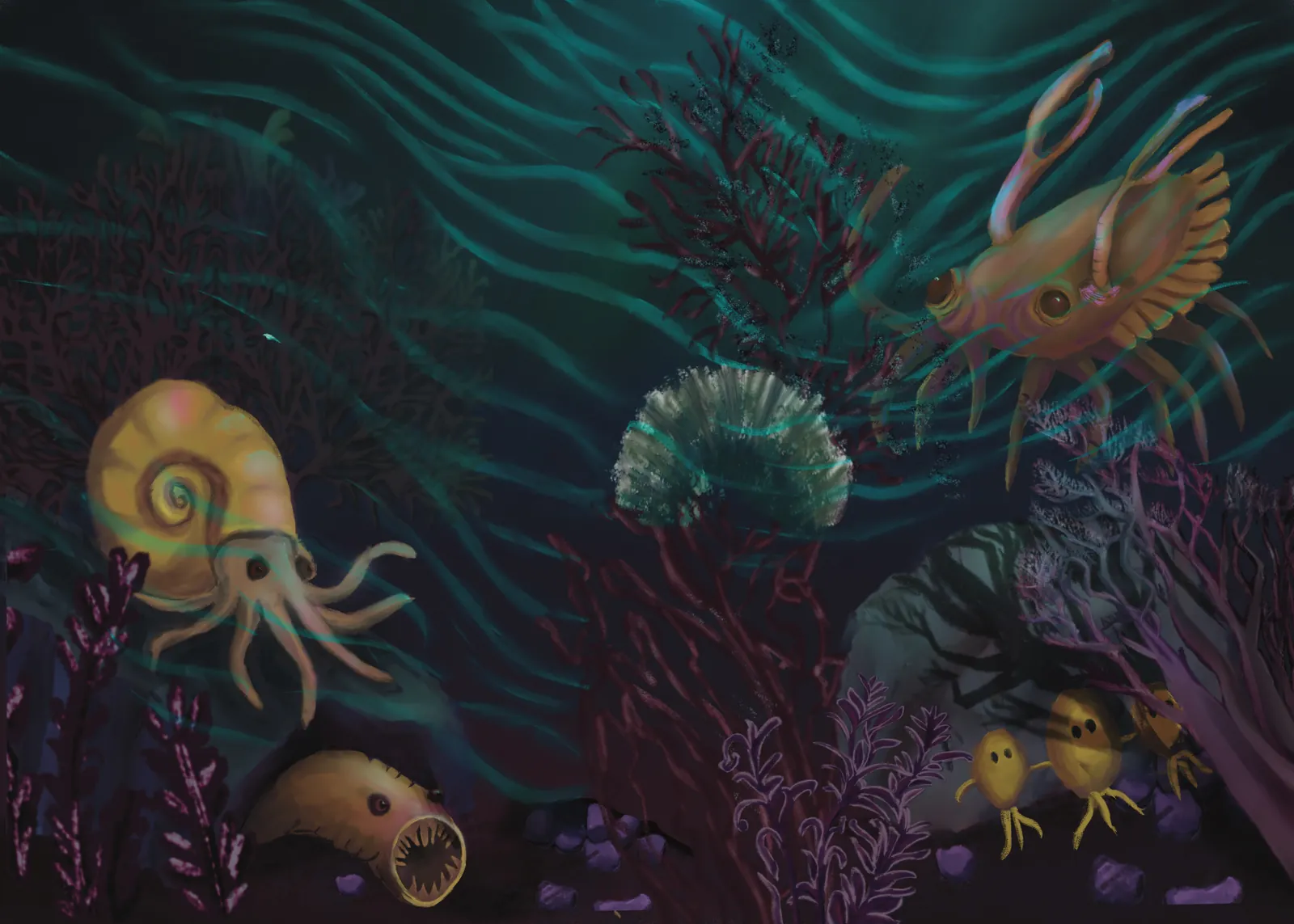 Protostomes — Mouth First, Belly-Brained — a hand-painted spread from The Story Of Evolution Of Life
