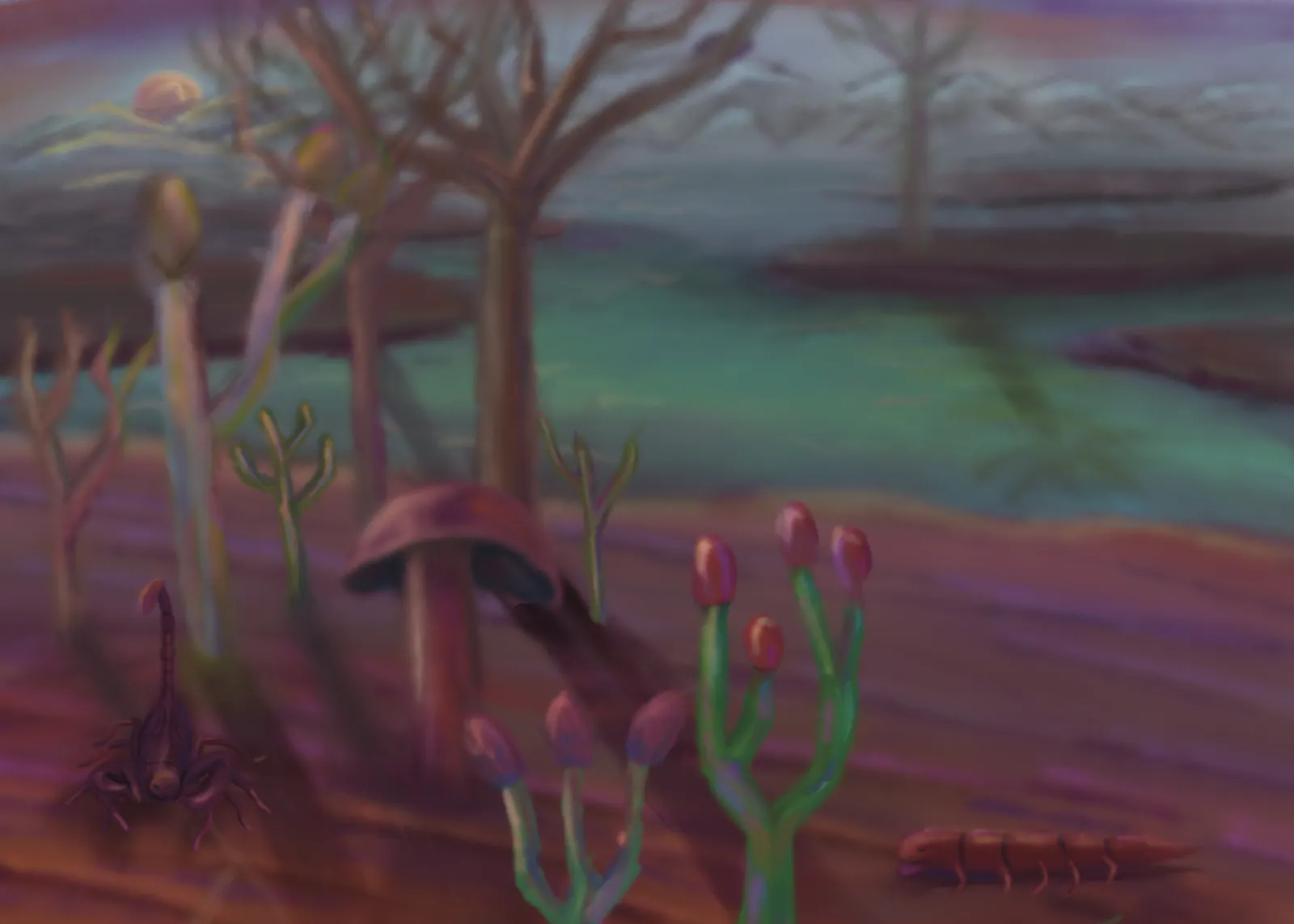 Woody-Stemmed Plants — a hand-painted spread from The Story Of Evolution Of Life