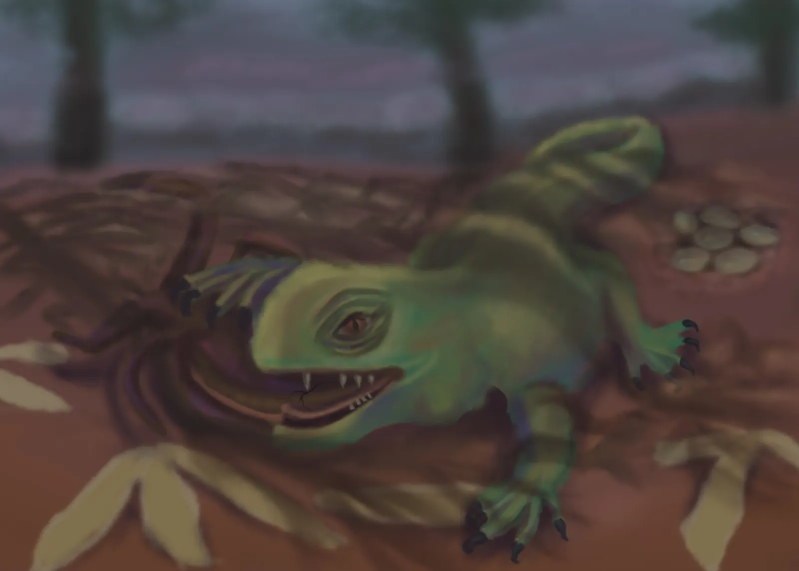 A green long-tailed reptile crouched on red earth beside a clutch of pale eggs, from The Story Of Evolution Of Life picture book