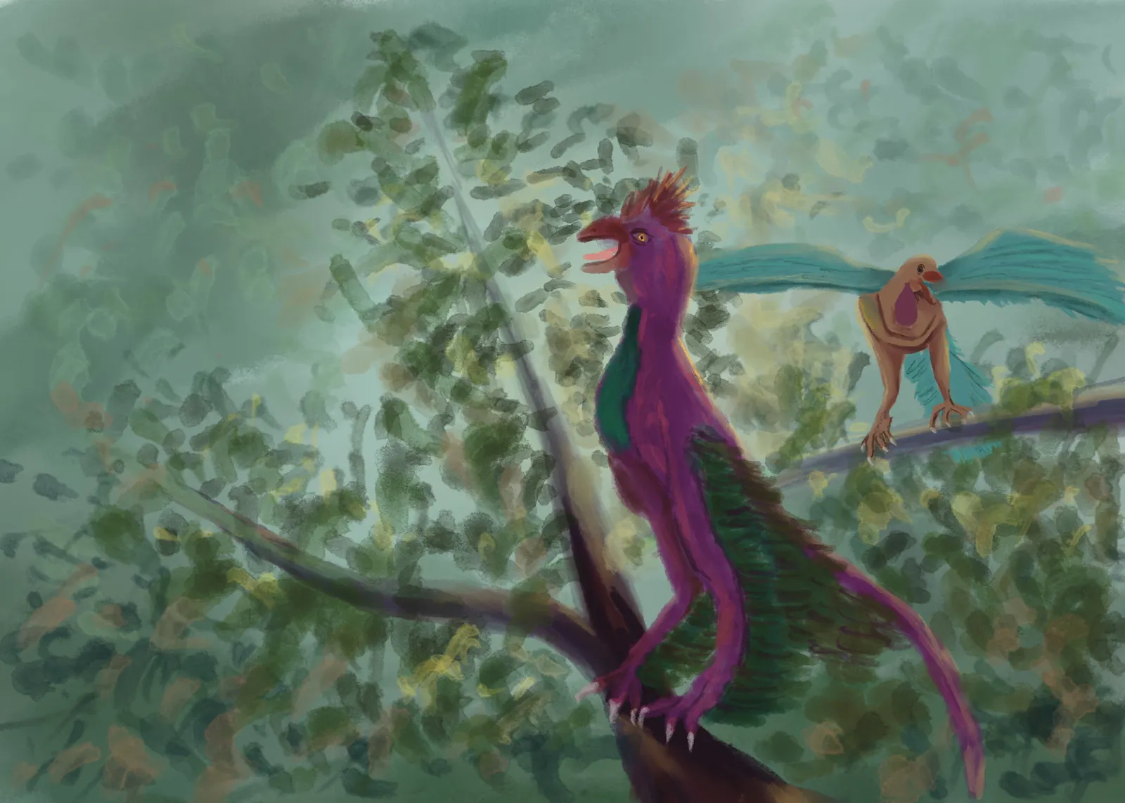 A crested feathered dinosaur perched on a branch in a misty green forest, a second one on the ground below, from The Story Of Evolution Of Life picture book