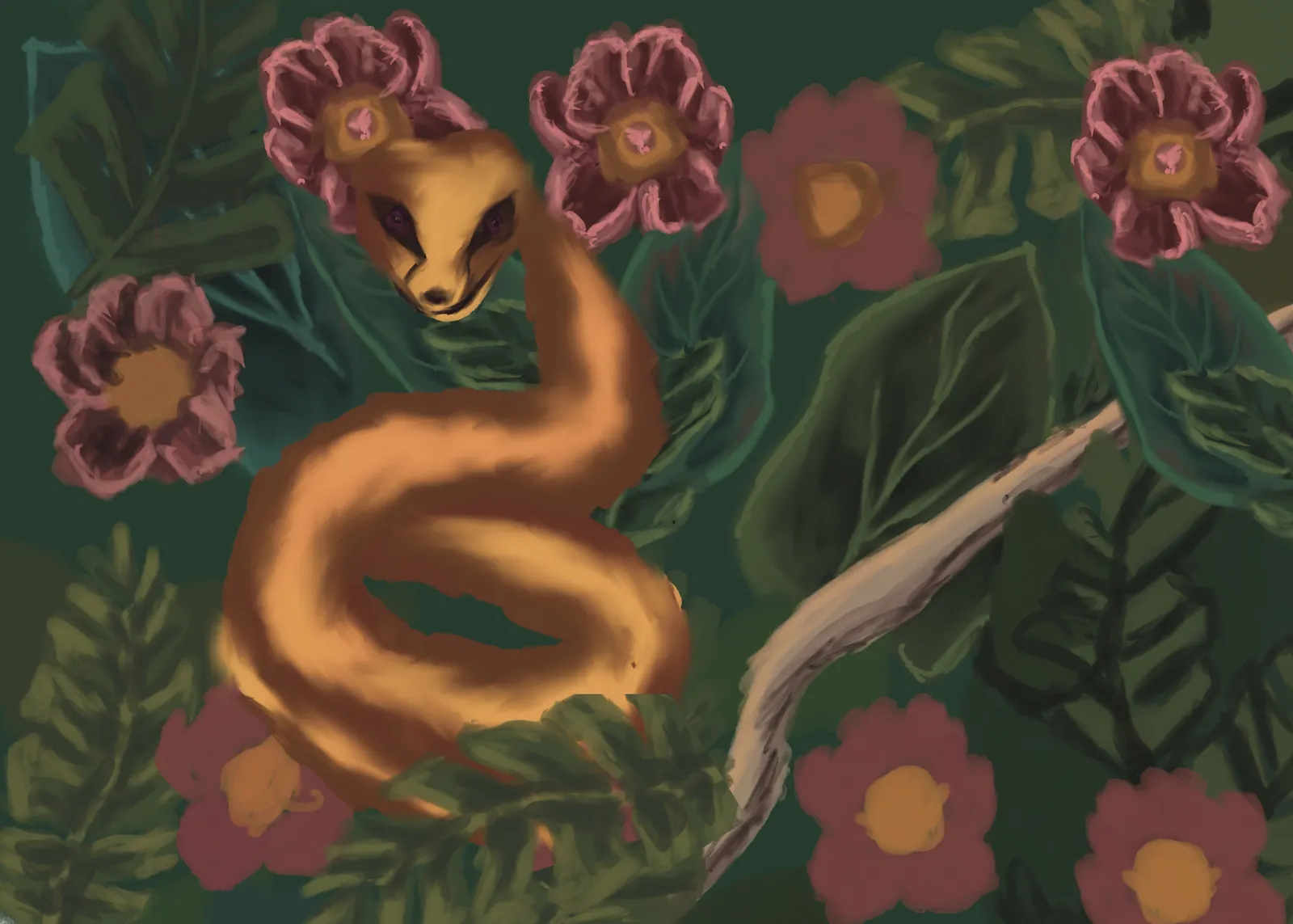 A golden-brown weasel-like animal coiled among large pink and red flowers and dark leaves, from The Story Of Evolution Of Life picture book