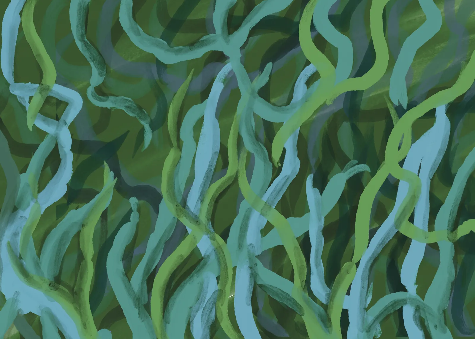 A curtain of pale green and blue seaweed ribbons filling the water, from The Story Of Evolution Of Life picture book