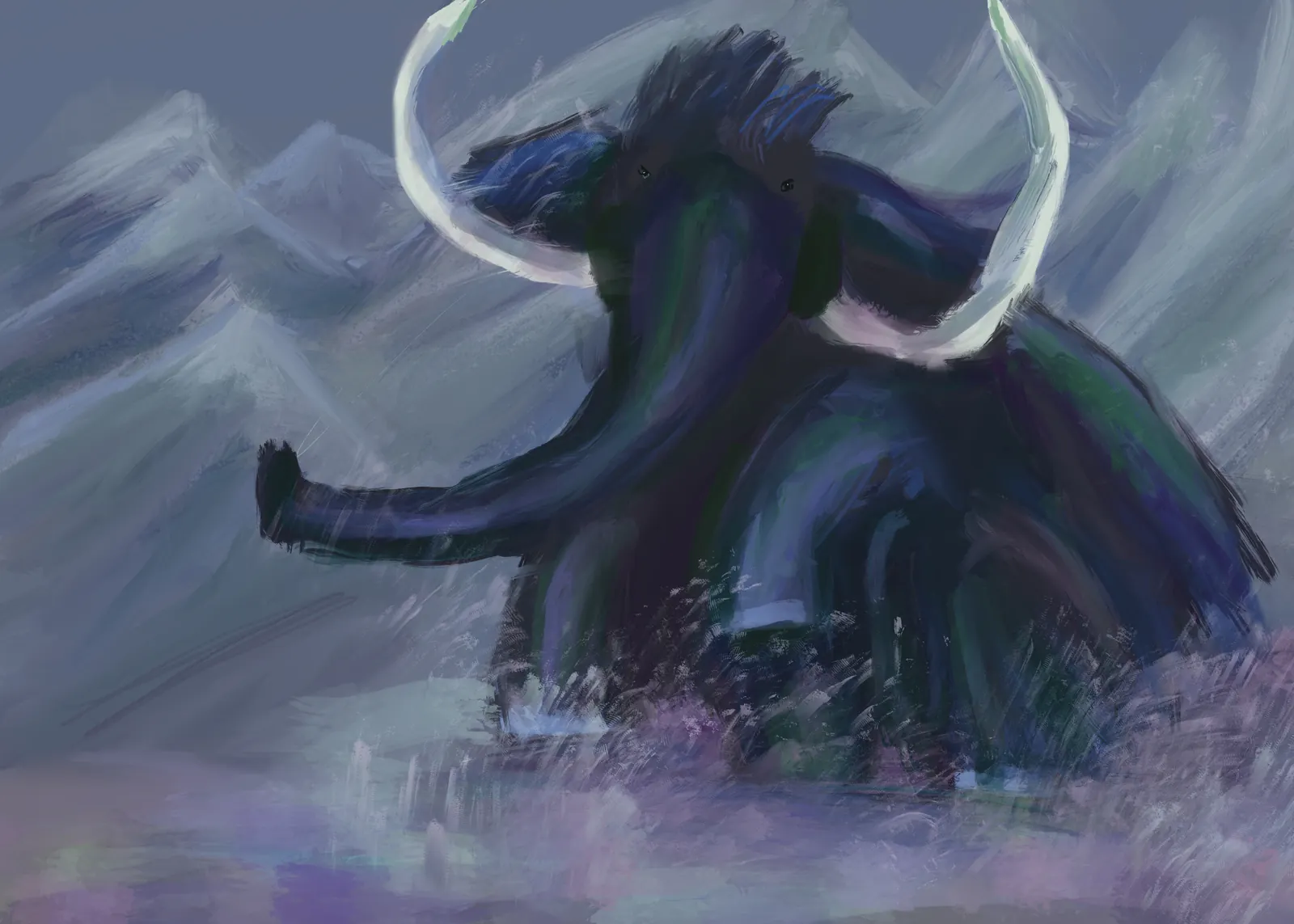 A woolly mammoth with long curved tusks walking through freezing mist below grey mountains, from The Story Of Evolution Of Life picture book