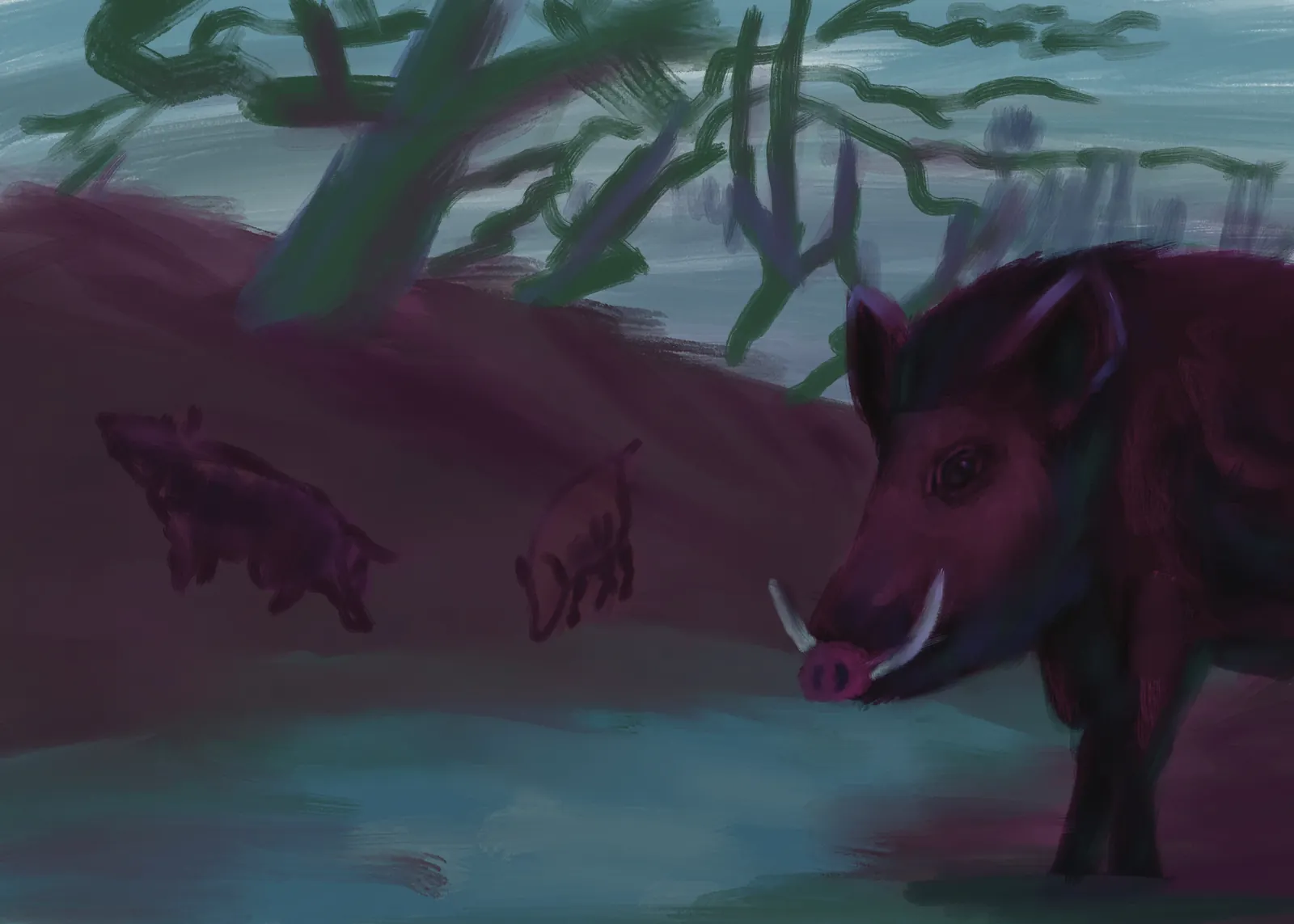 A dark tusked wild boar on a purple hillside, more of the herd behind it, from The Story Of Evolution Of Life picture book