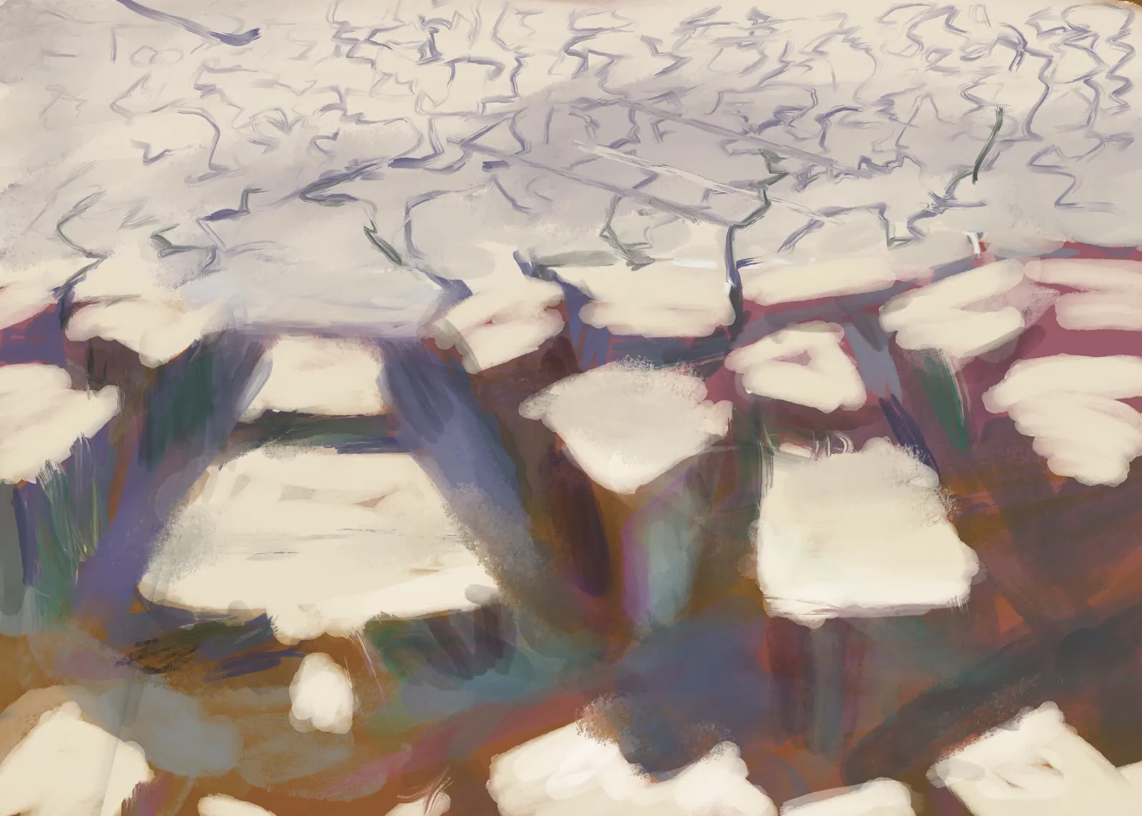 A cracked white ice sheet breaking into plates over dark water, from The Story Of Evolution Of Life picture book