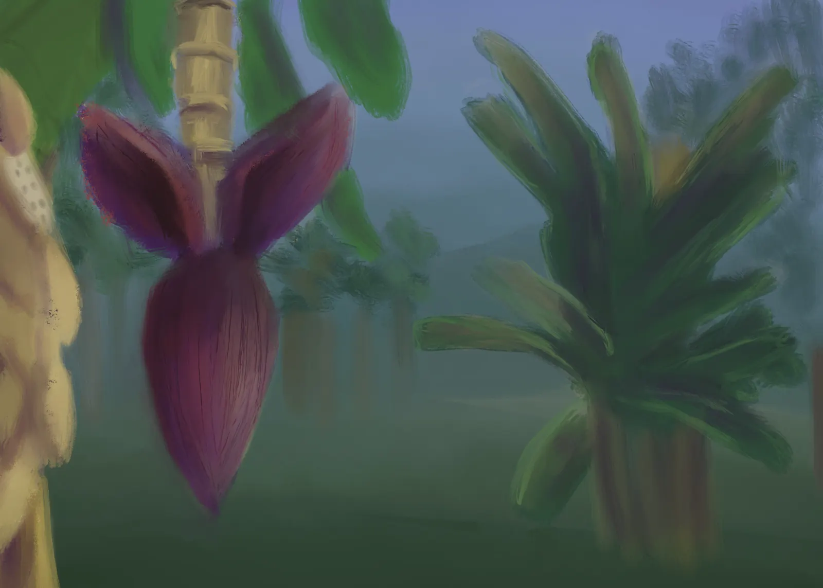 A deep red banana flower hanging among broad green leaves in humid mist, from The Story Of Evolution Of Life picture book