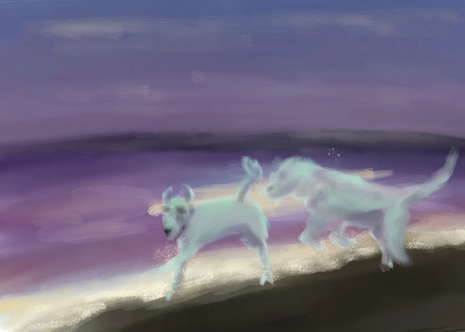 Two ghostly white dogs running along a dark ridge under a violet sky, from The Story Of Evolution Of Life picture book