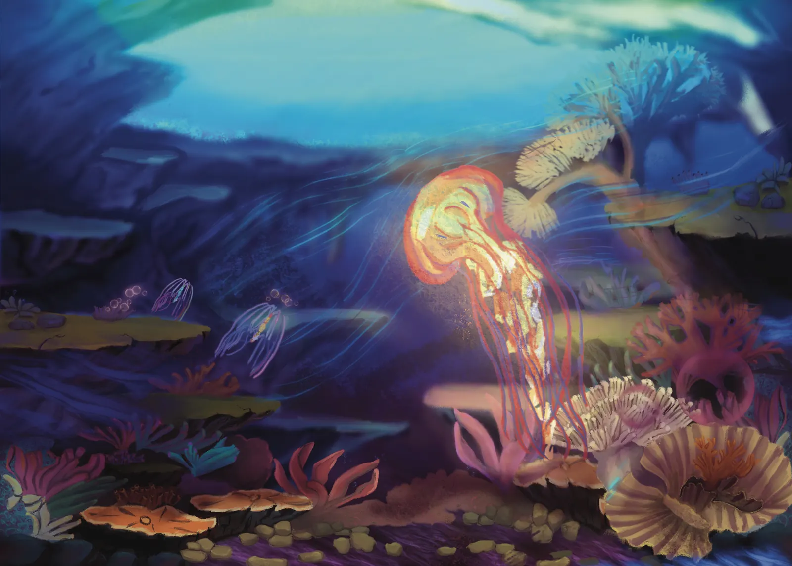 A glowing jellyfish-like creature lit up above a crowded reef in deep blue water, from The Story Of Evolution Of Life picture book