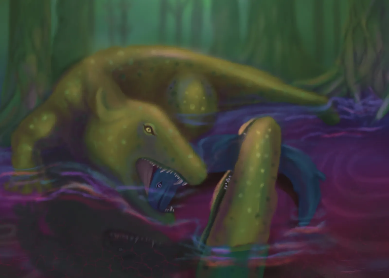 A long-snouted crocodile-like reptile lunging at a fish in shallow purple water, from The Story Of Evolution Of Life picture book