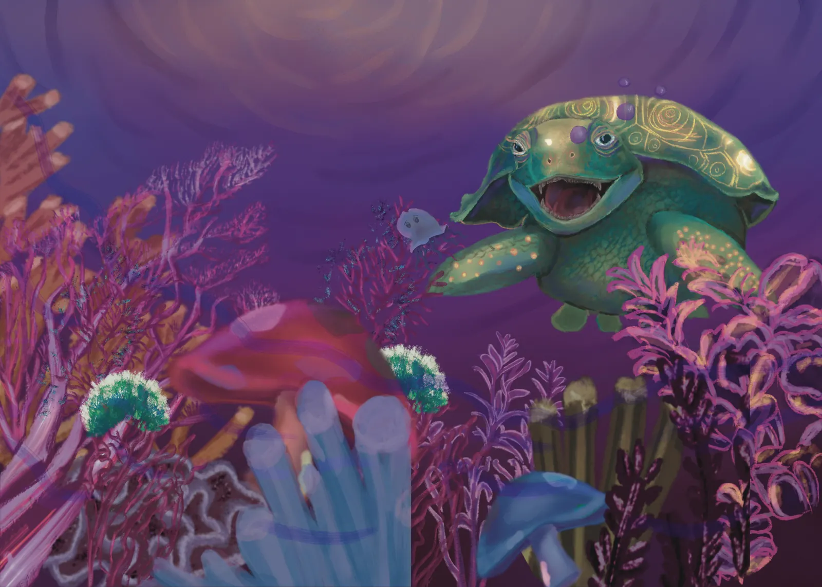 A smiling armoured turtle-like creature swimming over a bright pink and purple reef, from The Story Of Evolution Of Life picture book