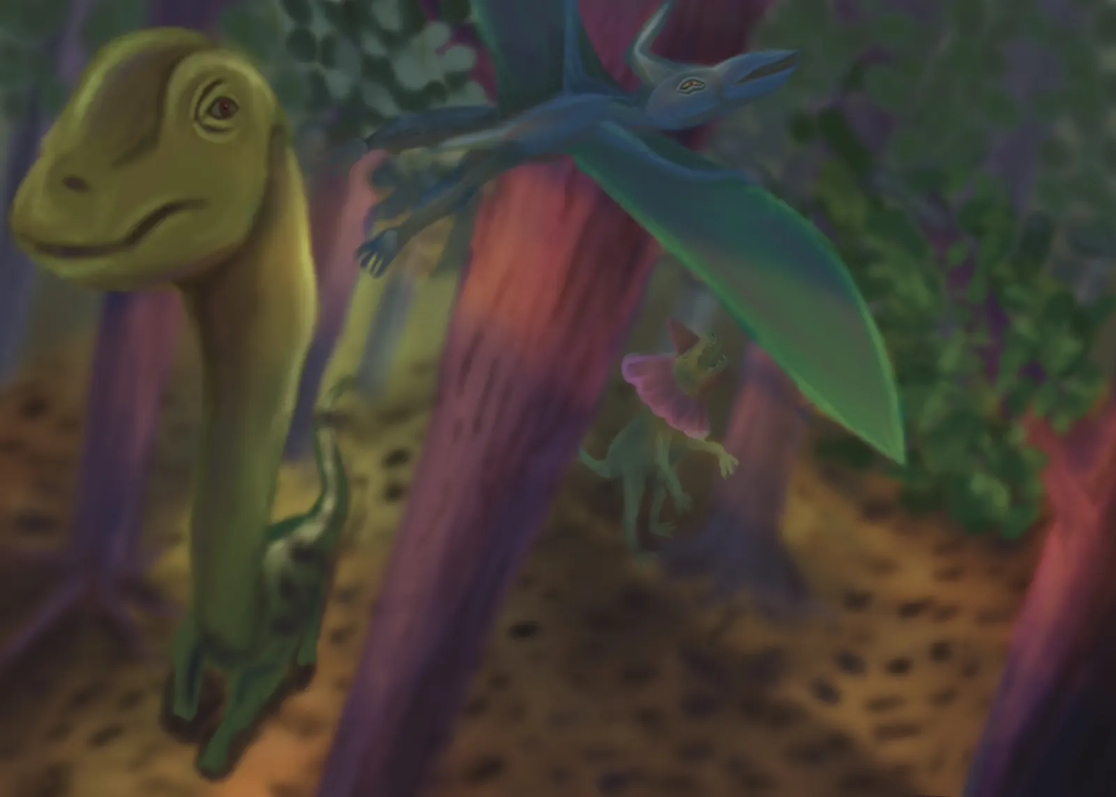 A long-necked green reptile among tree trunks, a gliding pterosaur passing behind it, from The Story Of Evolution Of Life picture book