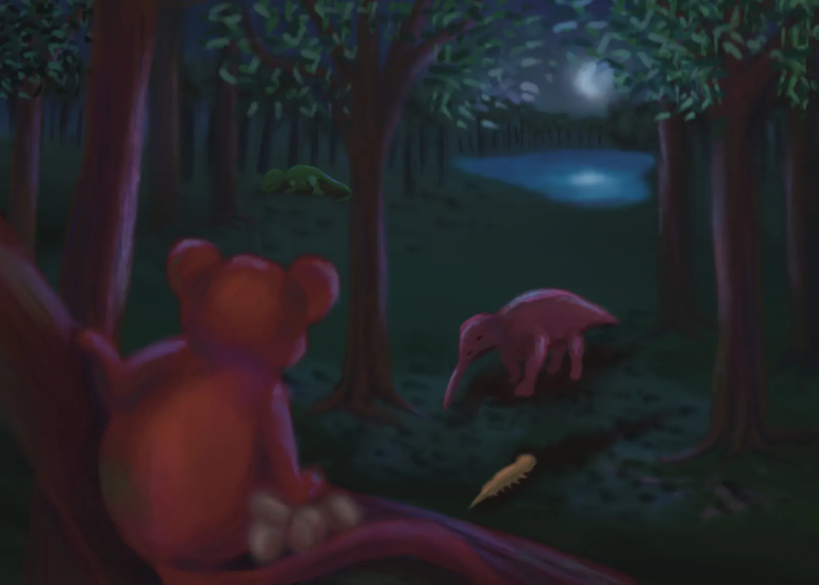A small red-brown mammal on a forest floor at night, another foraging nearby, from The Story Of Evolution Of Life picture book