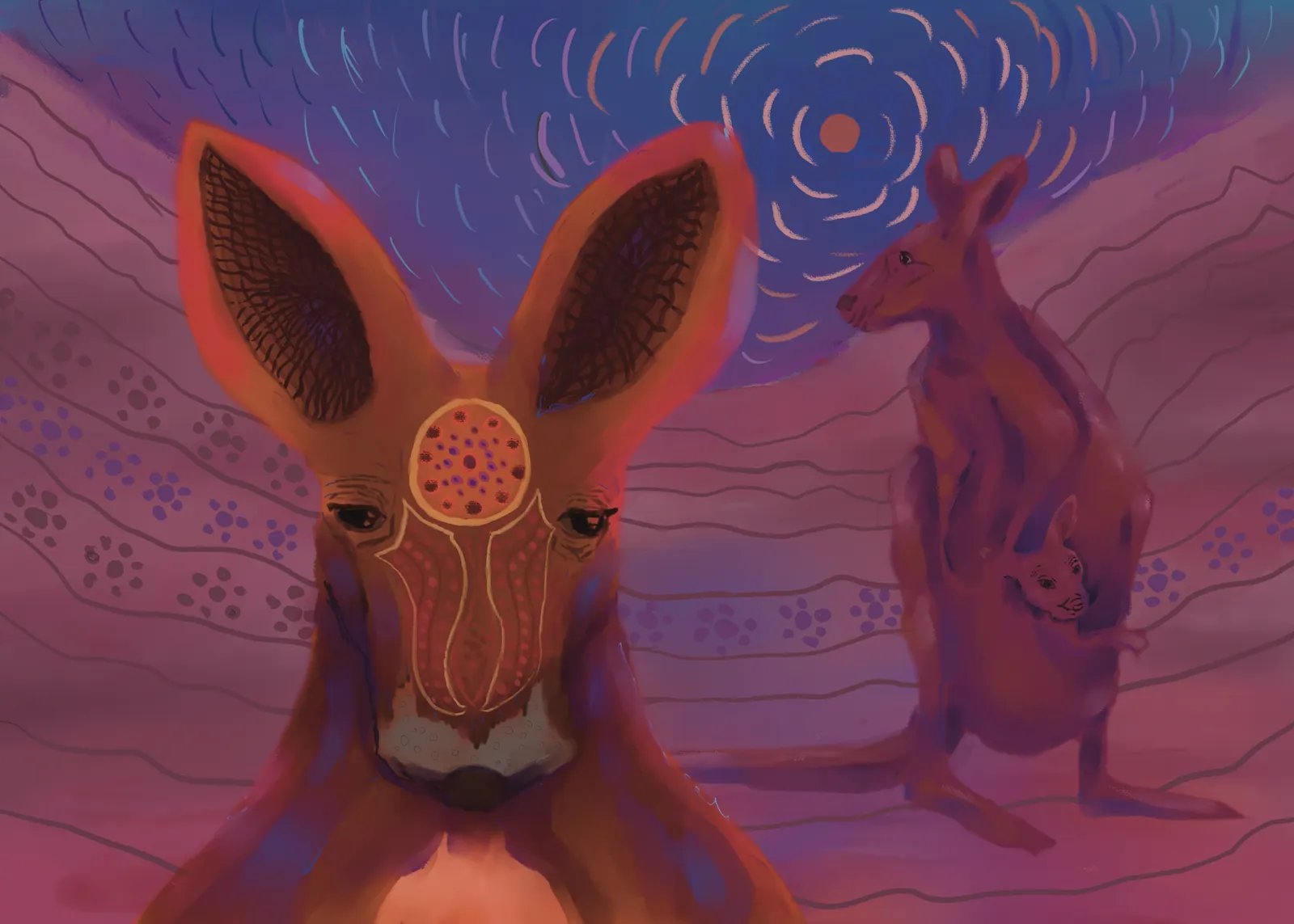 A large-eared marsupial with patterned markings facing forward, another carrying a joey, under a swirling night sky, from The Story Of Evolution Of Life picture book