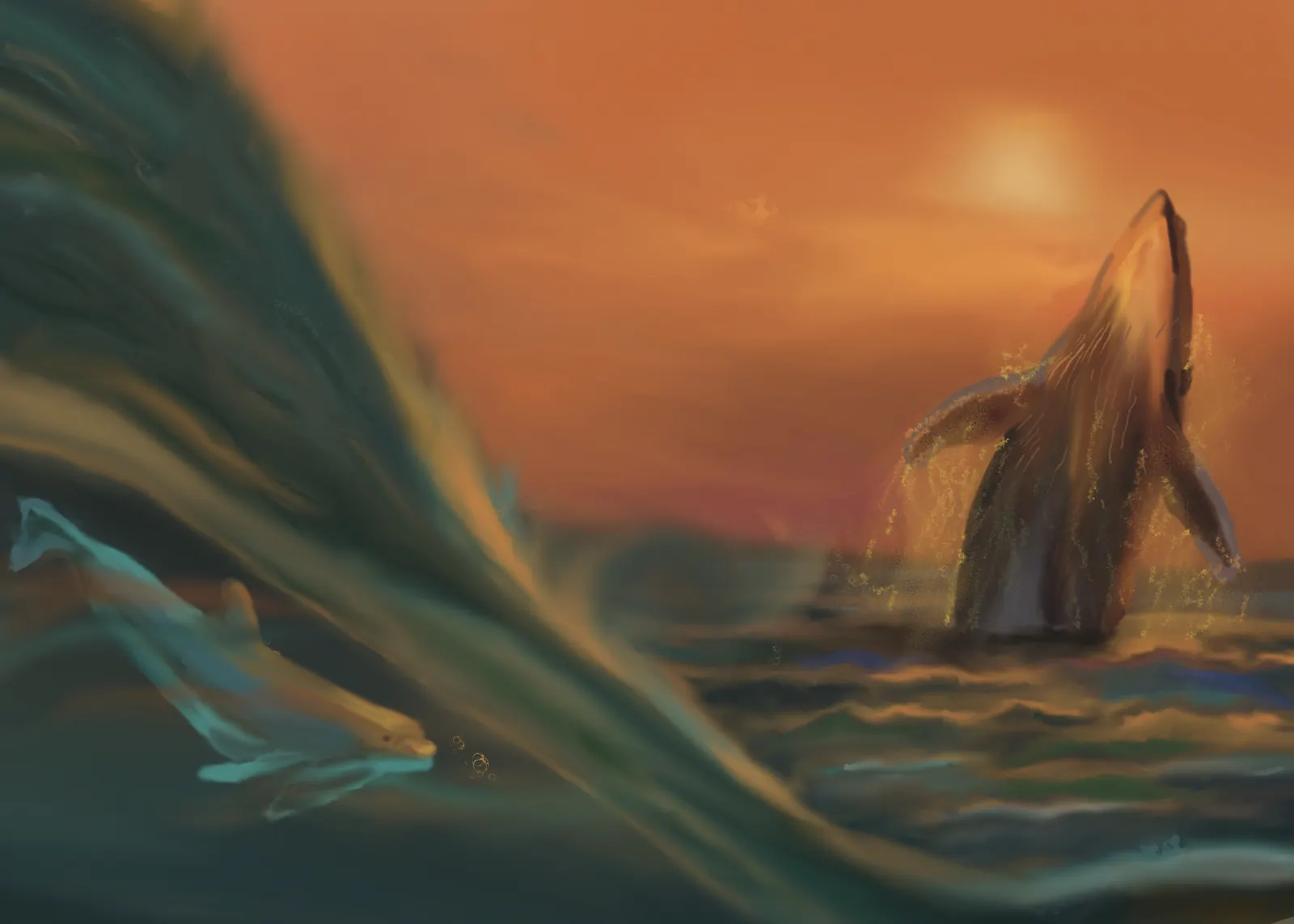 A whale breaching at sunset as a wave curls in the foreground, from The Story Of Evolution Of Life picture book