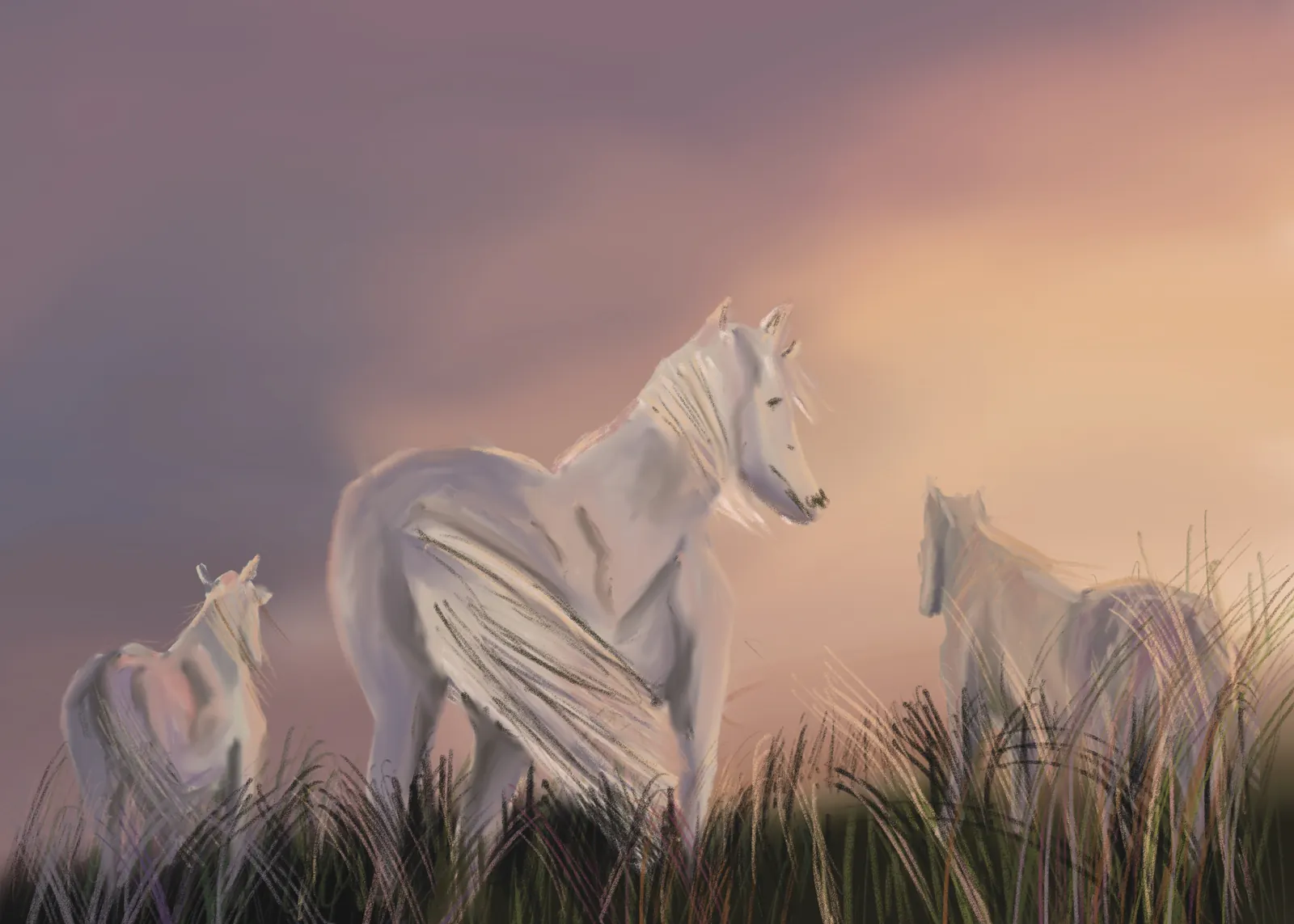 Pale horses standing in tall grass in morning mist, from The Story Of Evolution Of Life picture book