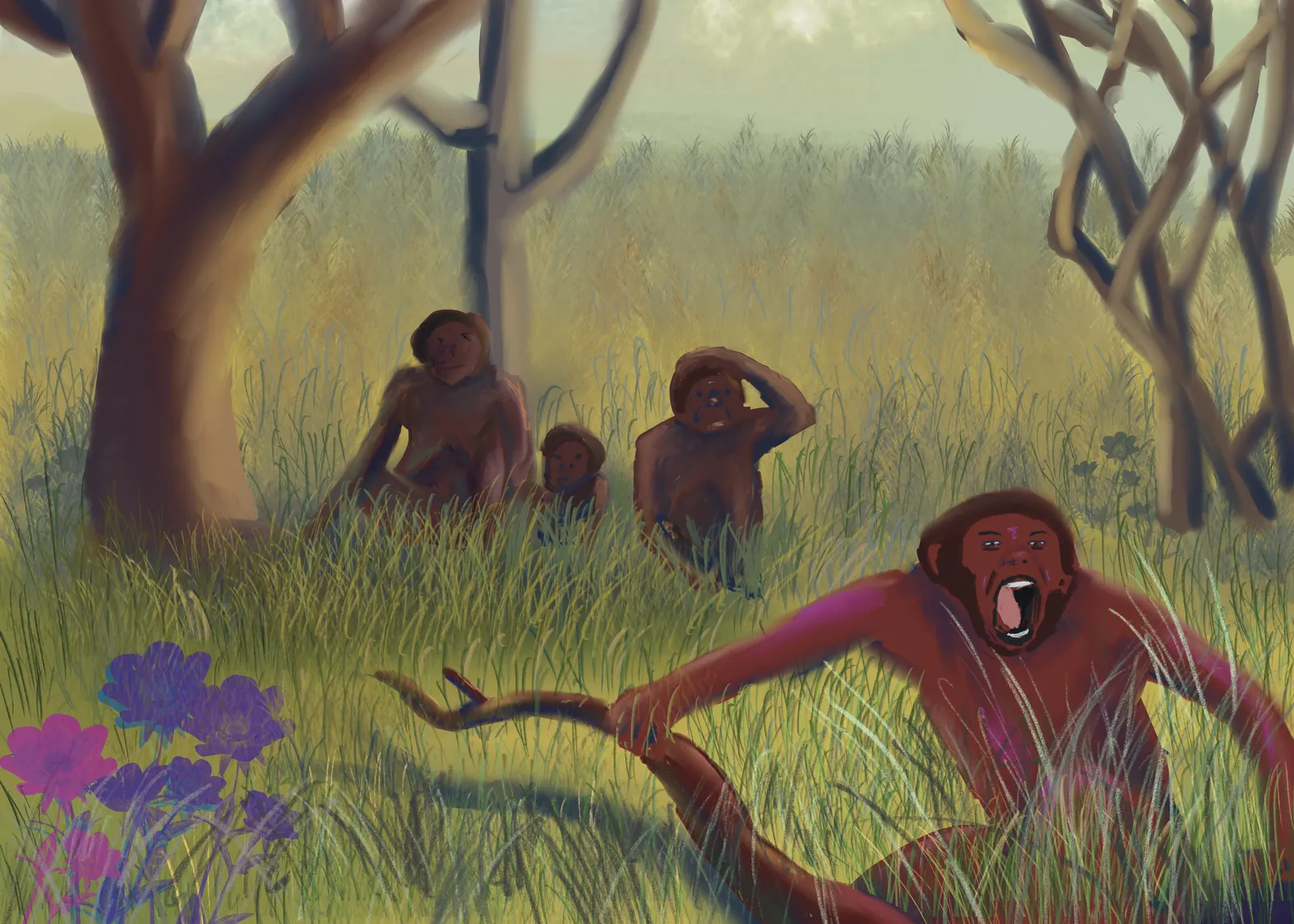 Early humans resting in long grass beneath a tree, one reclining in the foreground, from The Story Of Evolution Of Life picture book