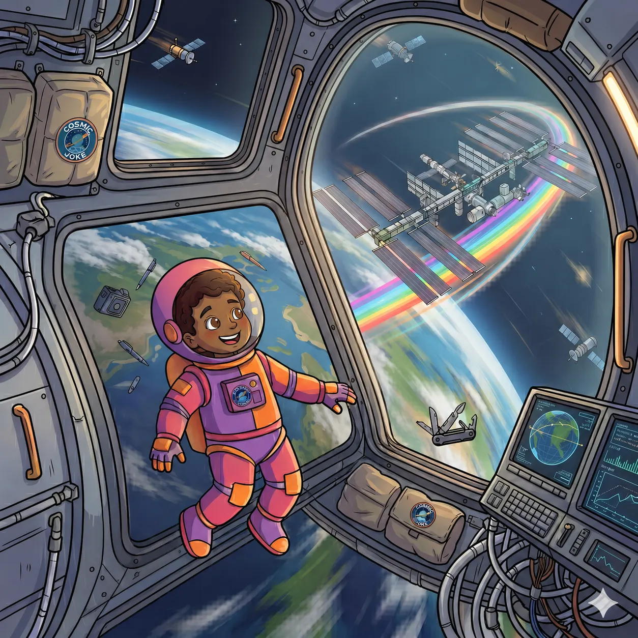 Kid floating in ISS